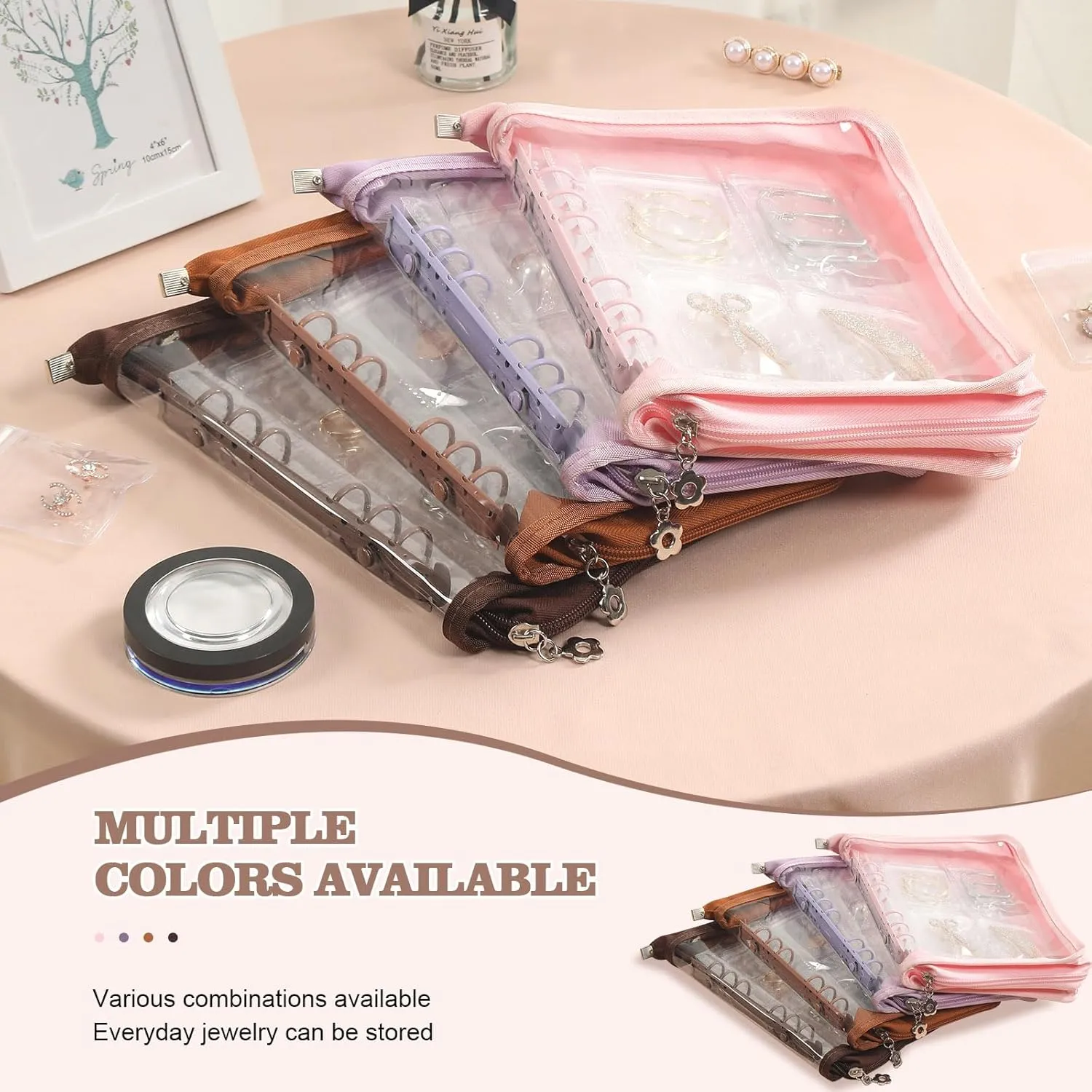 Jewelry Organizer Book clear Bracelet Organizer Travel Jewelry Storage Book for Earrings Necklace Bracelet Ring with Clear Zippered Pouch, Light Brown