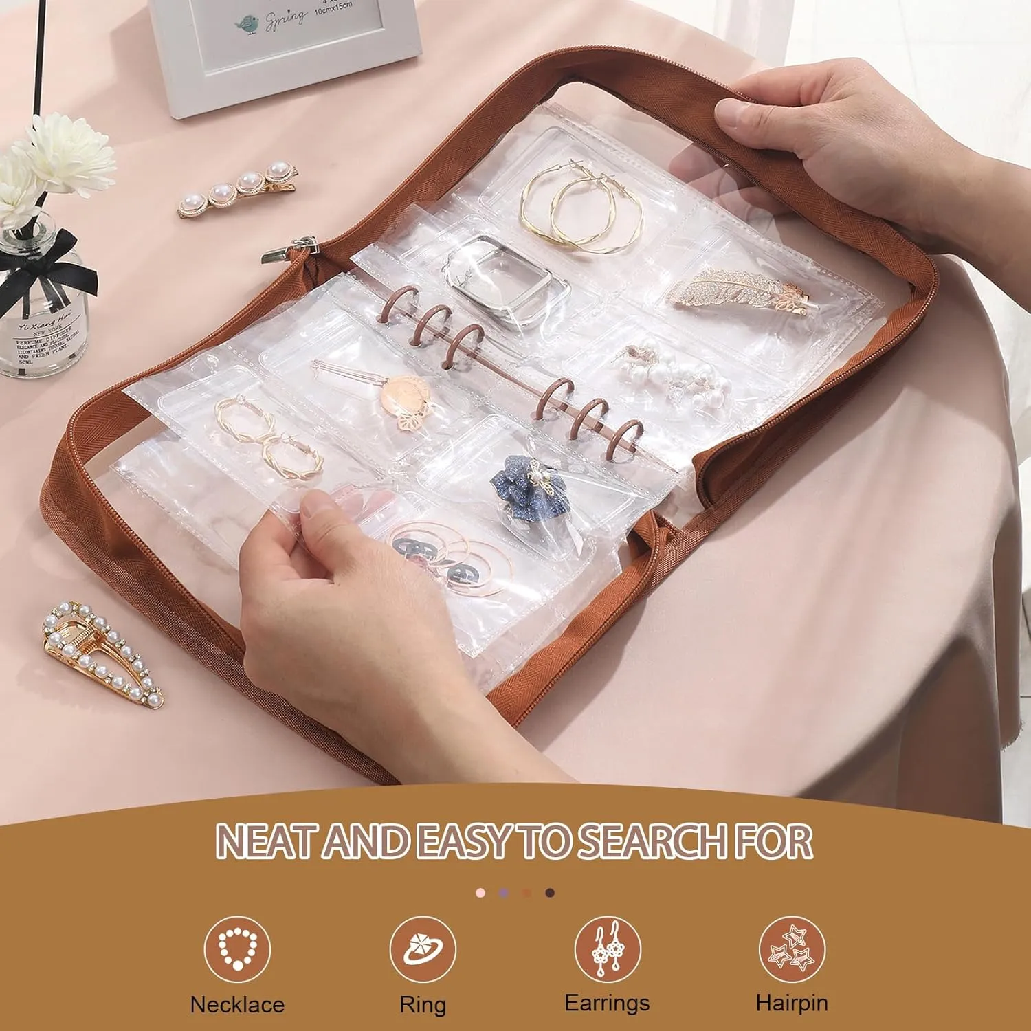 Jewelry Storage Book Clear Earring Organizer Book Travel Jewelry Organizer Book for Earrings Necklace Bracelet Ring with Clear Zippered Pouch