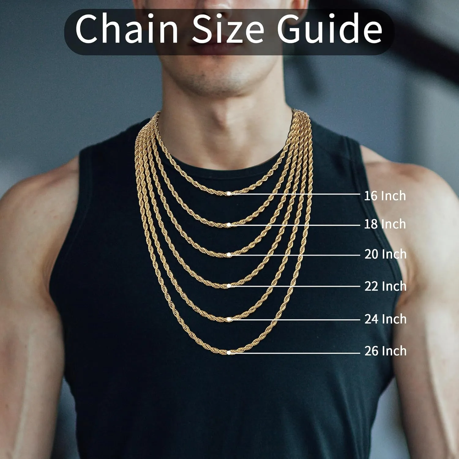 Jewlpire 14K Gold Rope Chain Necklace for Men Women, 2.5mm 3mm 4mm Mens Necklace Stainless Steel Rope Chain for Men Sturdy & Comfortable Men's Chain Necklaces, 16 18 20 22 24 26 Inch