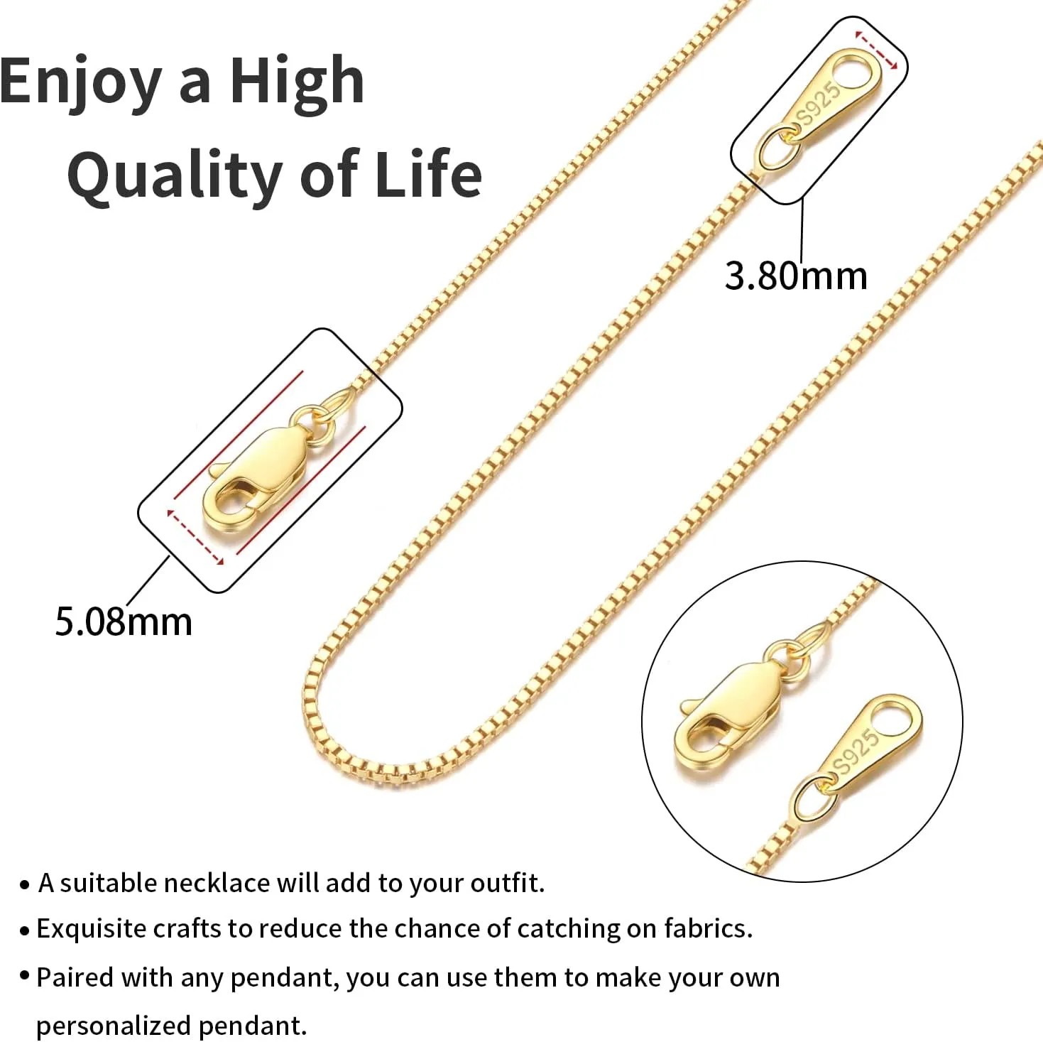 Jewlpire Solid 18K Gold Over 925 Sterling Silver Chain Necklace for Women Girls, 0.8mm Box Chain Lobster Claw Clasp-Super Thin & Strong Necklace Chain 16/18/20/22/24 Inch