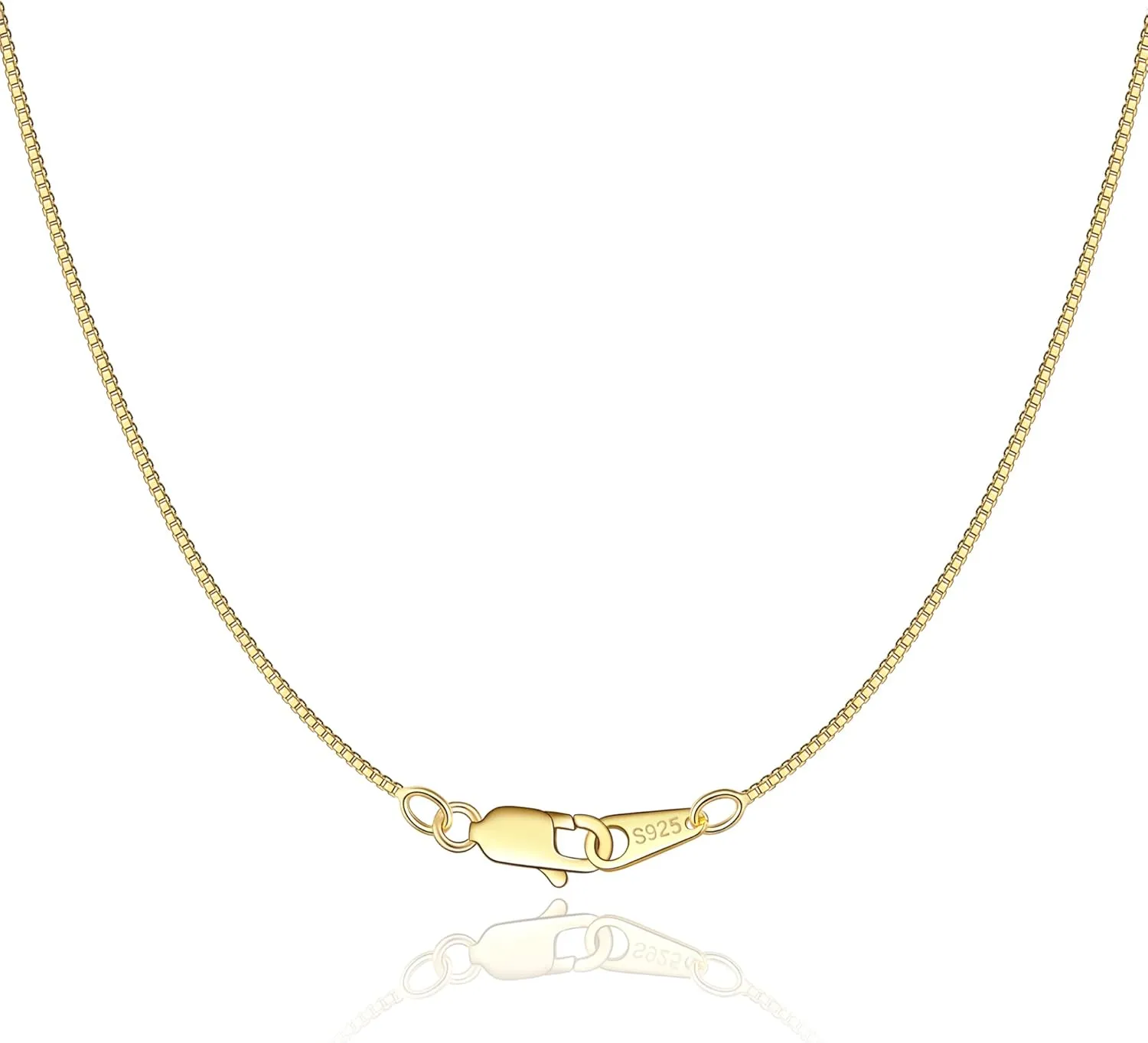 Jewlpire Solid 18K Gold Over 925 Sterling Silver Chain Necklace for Women Girls, 0.8mm Box Chain Lobster Claw Clasp-Super Thin & Strong Necklace Chain 16/18/20/22/24 Inch