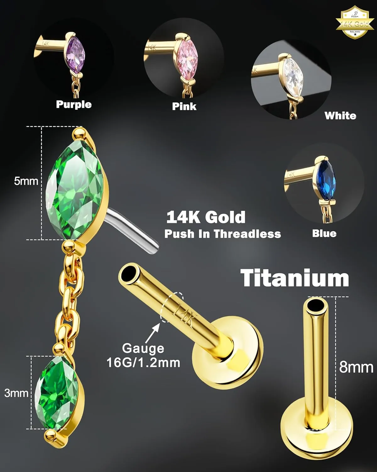 Jewseen 14K Gold Top Push in Threadless Flat Back Earrings 16g Cartilage Stud Helix Tragus Conch Piercing Jewelry Lip Stud Nose Stud for Women