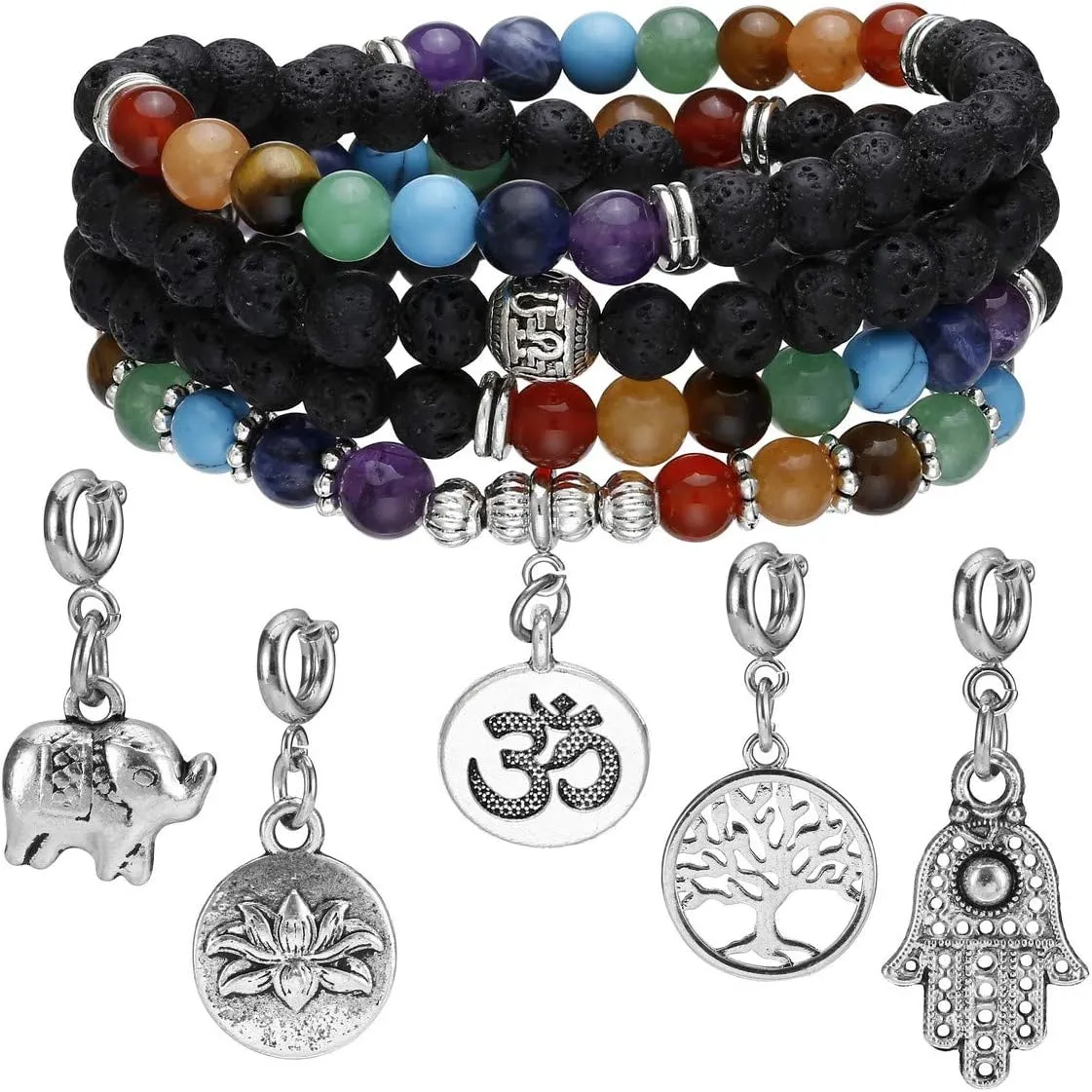 Jovivi 6mm Mala Beads 108/Lava Rock 7 Chakra Tree of Life/Hamsa/OM/Lotus/Elephant Charm Healing Crystal Bracelet Necklace