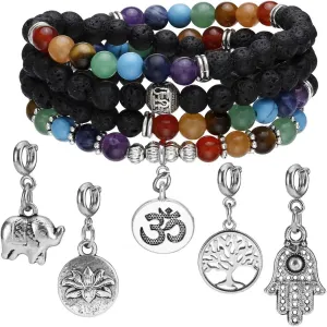 Jovivi 6mm Mala Beads 108/Lava Rock 7 Chakra Tree of Life/Hamsa/OM/Lotus/Elephant Charm Healing Crystal Bracelet Necklace