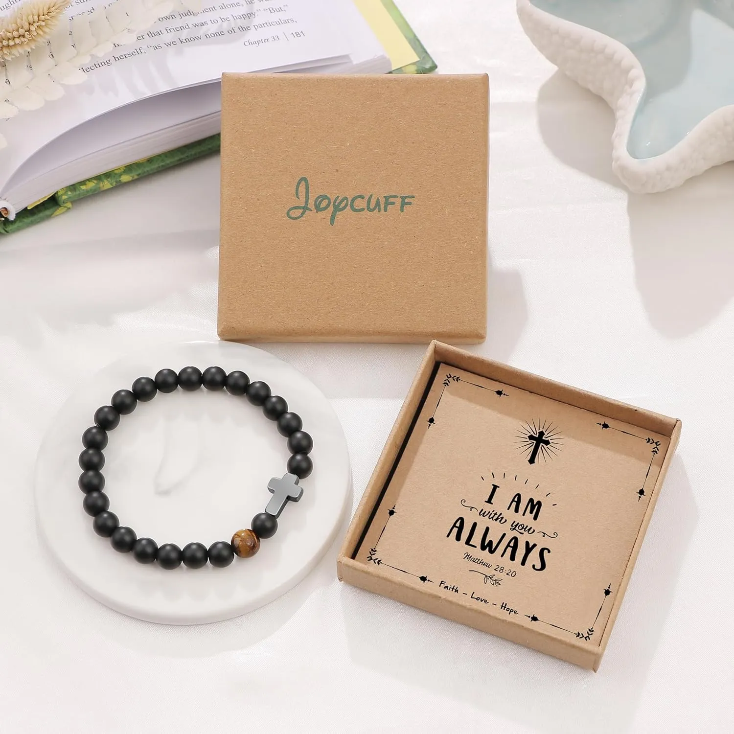 JoycuFF       Christmas Easter Baptism Confirmation Communion Father's Day Birthday Gifts for Him Natural Stone Bracelet for Men