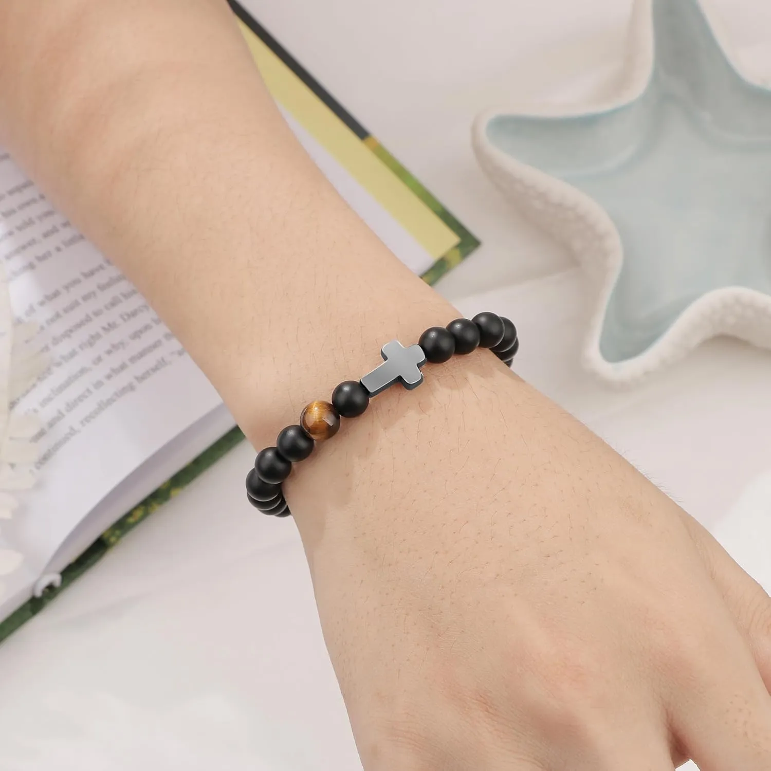 JoycuFF       Christmas Easter Baptism Confirmation Communion Father's Day Birthday Gifts for Him Natural Stone Bracelet for Men