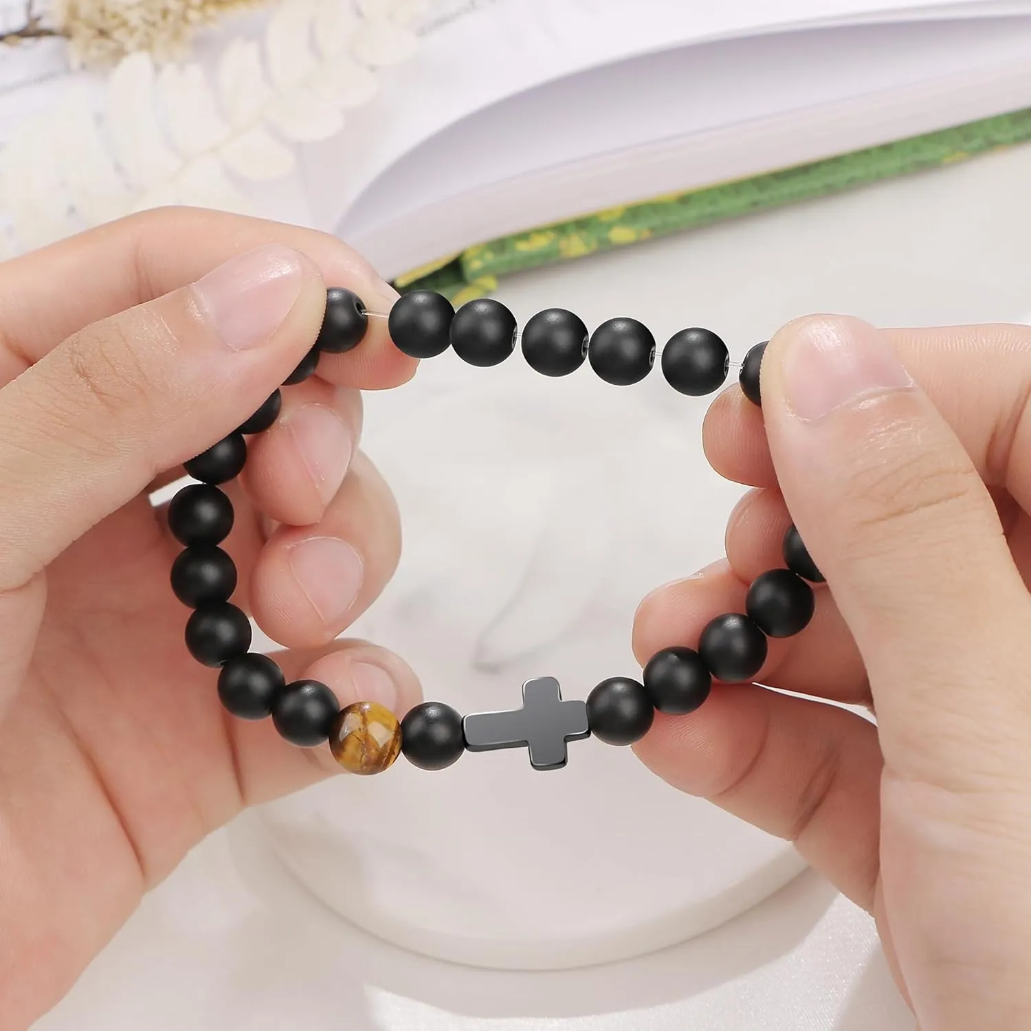 JoycuFF       Christmas Easter Baptism Confirmation Communion Father's Day Birthday Gifts for Him Natural Stone Bracelet for Men