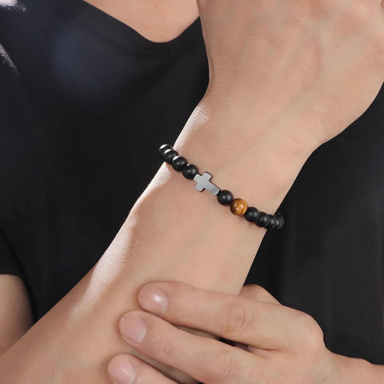 JoycuFF       Christmas Easter Baptism Confirmation Communion Father's Day Birthday Gifts for Him Natural Stone Bracelet for Men