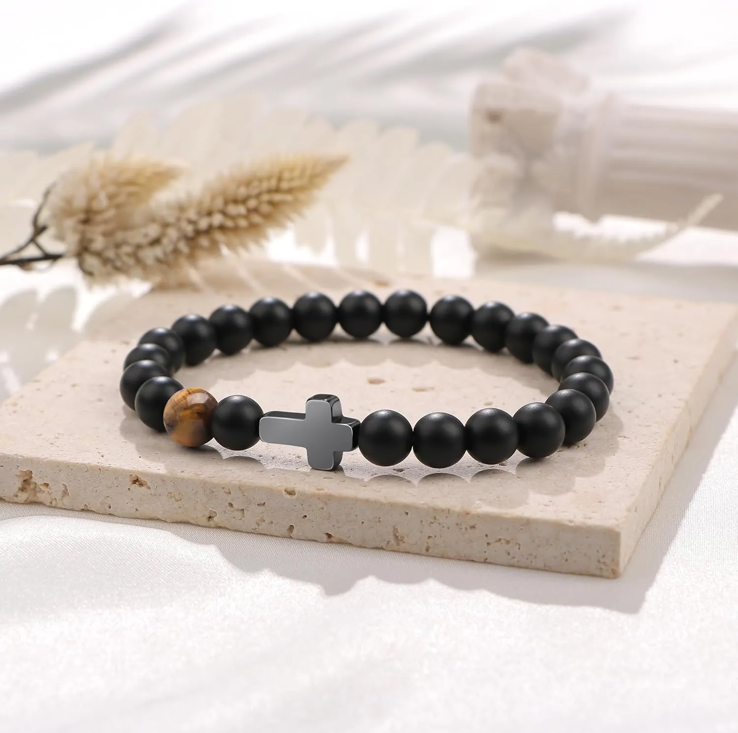 JoycuFF       Christmas Easter Baptism Confirmation Communion Father's Day Birthday Gifts for Him Natural Stone Bracelet for Men