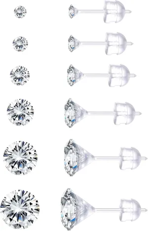 Jstyle 6Pairs Clear Plastic Post Stud Earrings for Women Plastic Earrings for Sensitive Ears Cubic Zirconia Stud Earrings Set 3mm-8mm