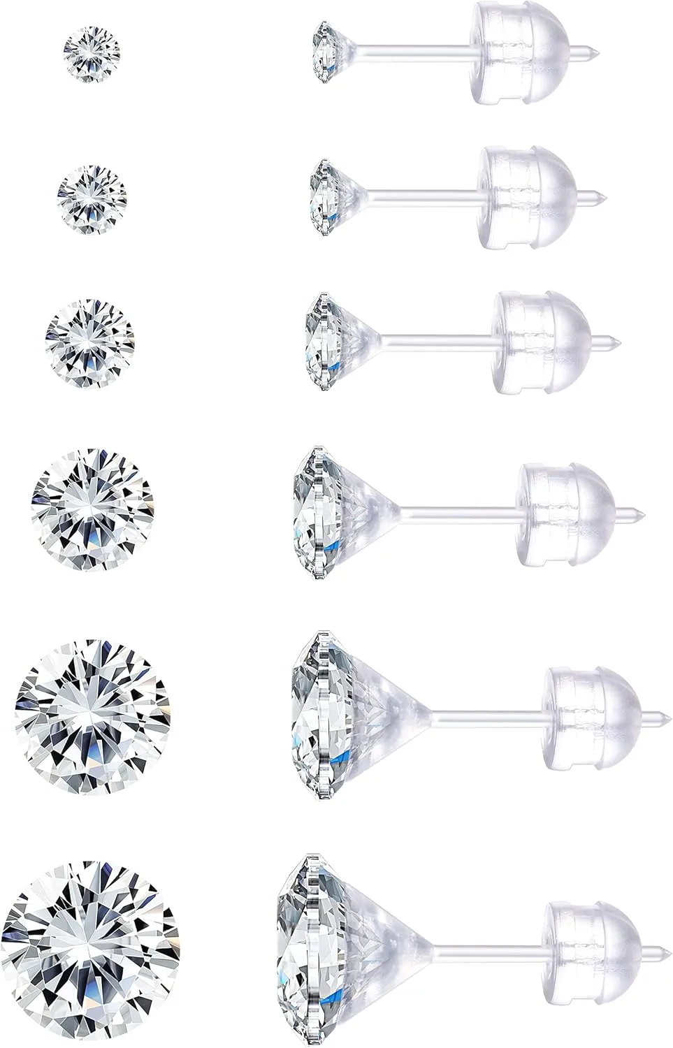 Jstyle 6Pairs Clear Plastic Post Stud Earrings for Women Plastic Earrings for Sensitive Ears Cubic Zirconia Stud Earrings Set 3mm-8mm