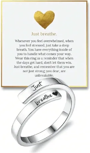 Just Breathe Ring for Women, Adjustable Stainless Steel Spiral Wrap Healing Rings, Inspirational & Heart felt Gift for Friends Sister