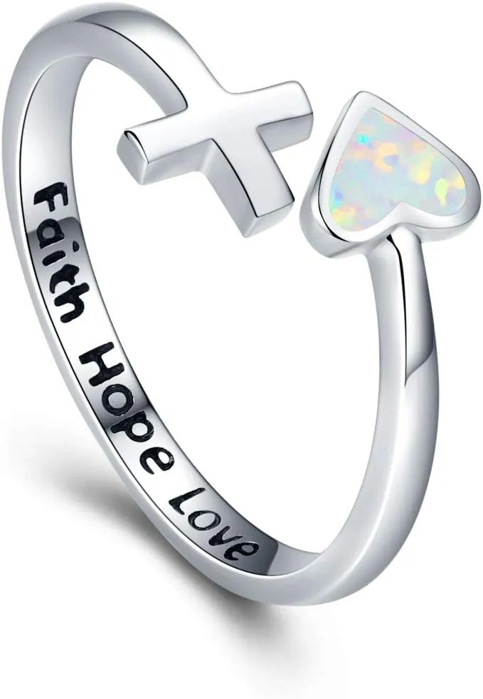 JUSTKIDSTOY S925 Sterling Silver Love Heart Ring Engraved Faith Hope Love Blue/White Open Adjustable Opal Wrap Rings Inspirational Jewelry for Women