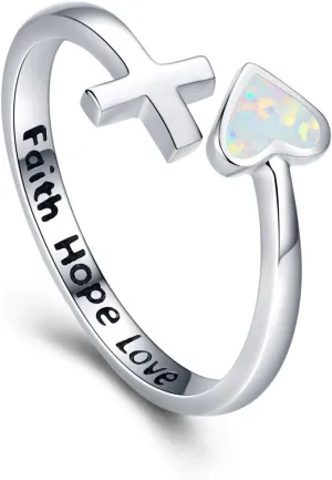 JUSTKIDSTOY S925 Sterling Silver Love Heart Ring Engraved Faith Hope Love Blue/White Open Adjustable Opal Wrap Rings Inspirational Jewelry for Women