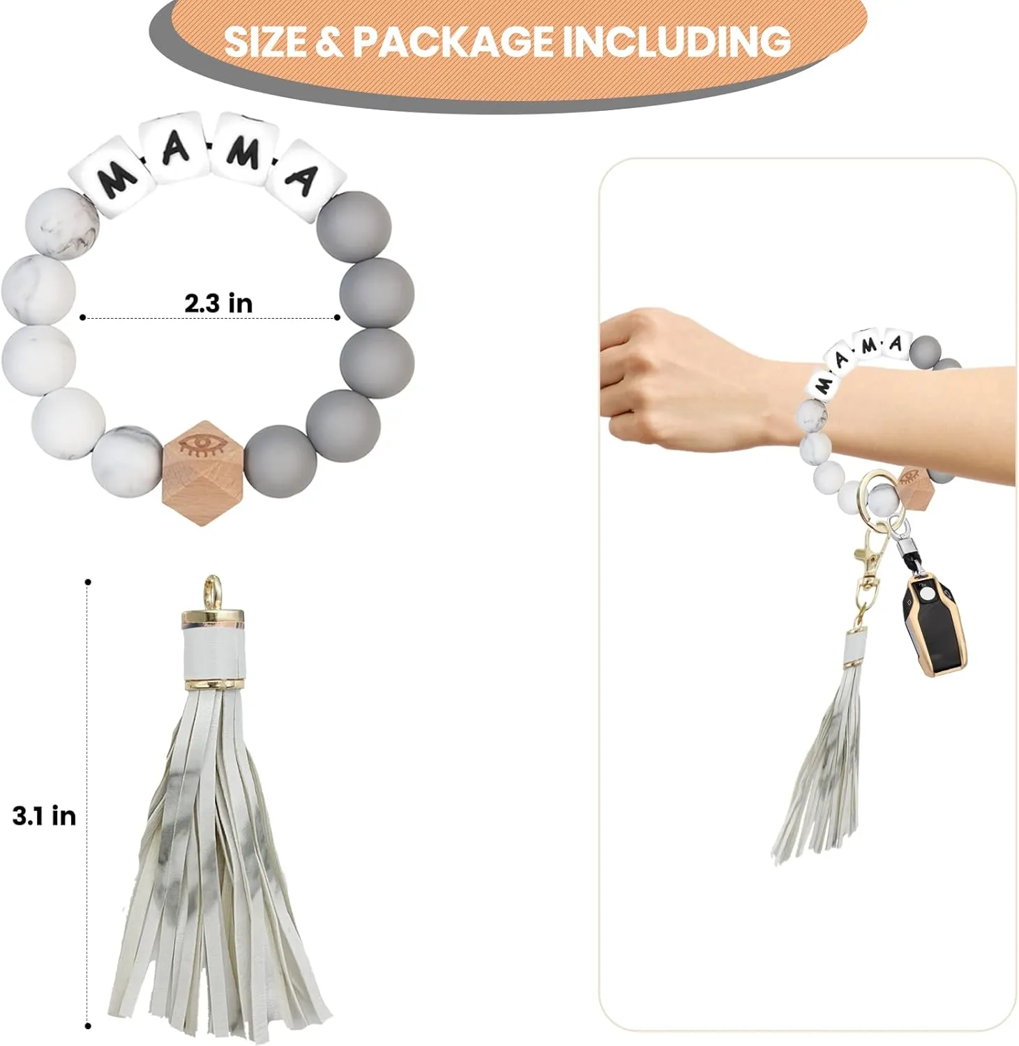 Keychain Wristlet, Silicone Beaded Key Ring Bracelet for Women, Key Holder for Car Keys.