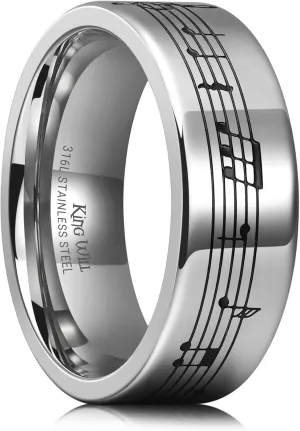 King Will Stainless Steel Wedding Band for Men, 8mm Men Wedding Ring Polished with Music Staff/Musical Note Design, Black and Steel Wedding Band Comfort Fit for Everyday Wear with Size 7-12