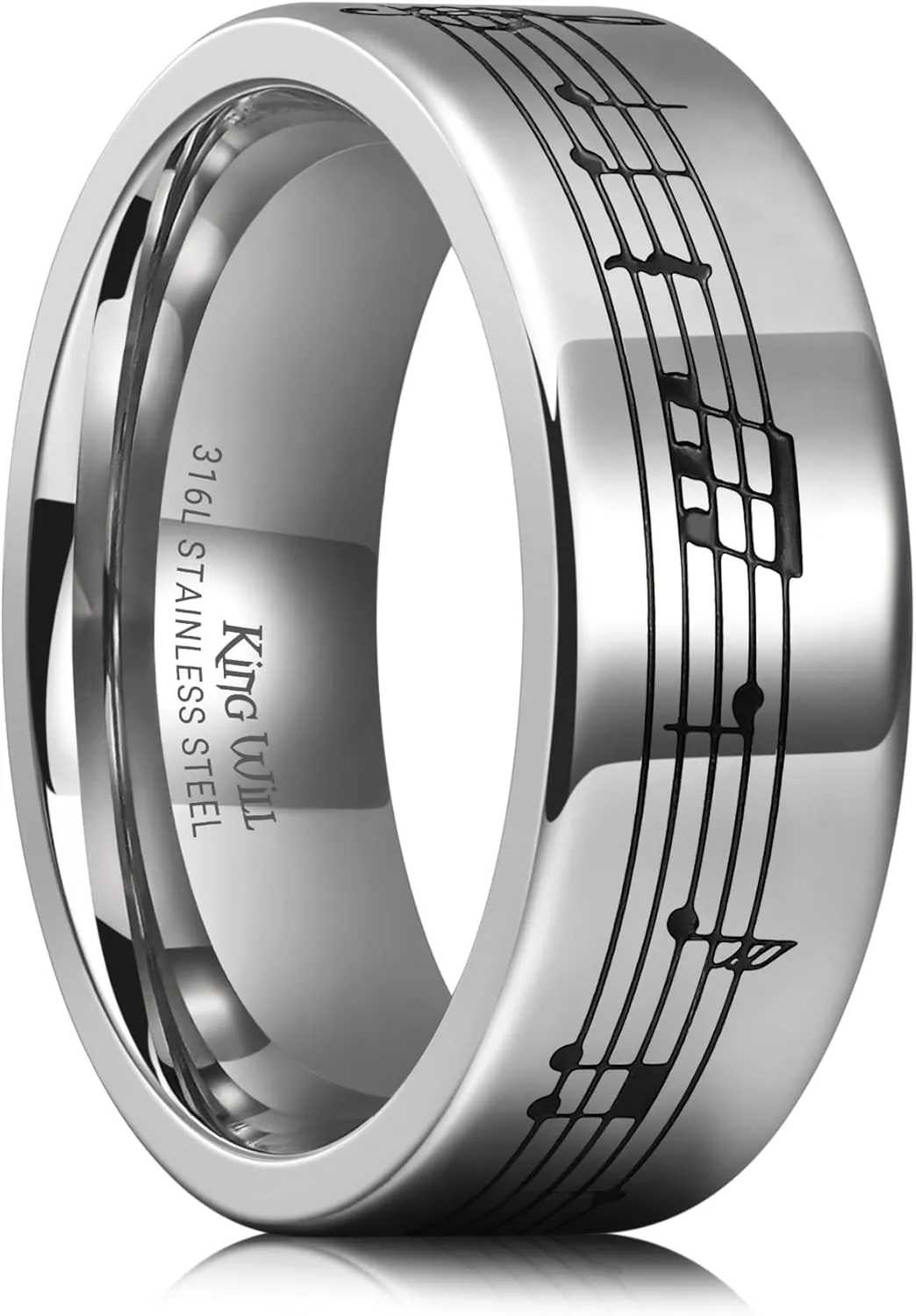 King Will Stainless Steel Wedding Band for Men, 8mm Men Wedding Ring Polished with Music Staff/Musical Note Design, Black and Steel Wedding Band Comfort Fit for Everyday Wear with Size 7-12