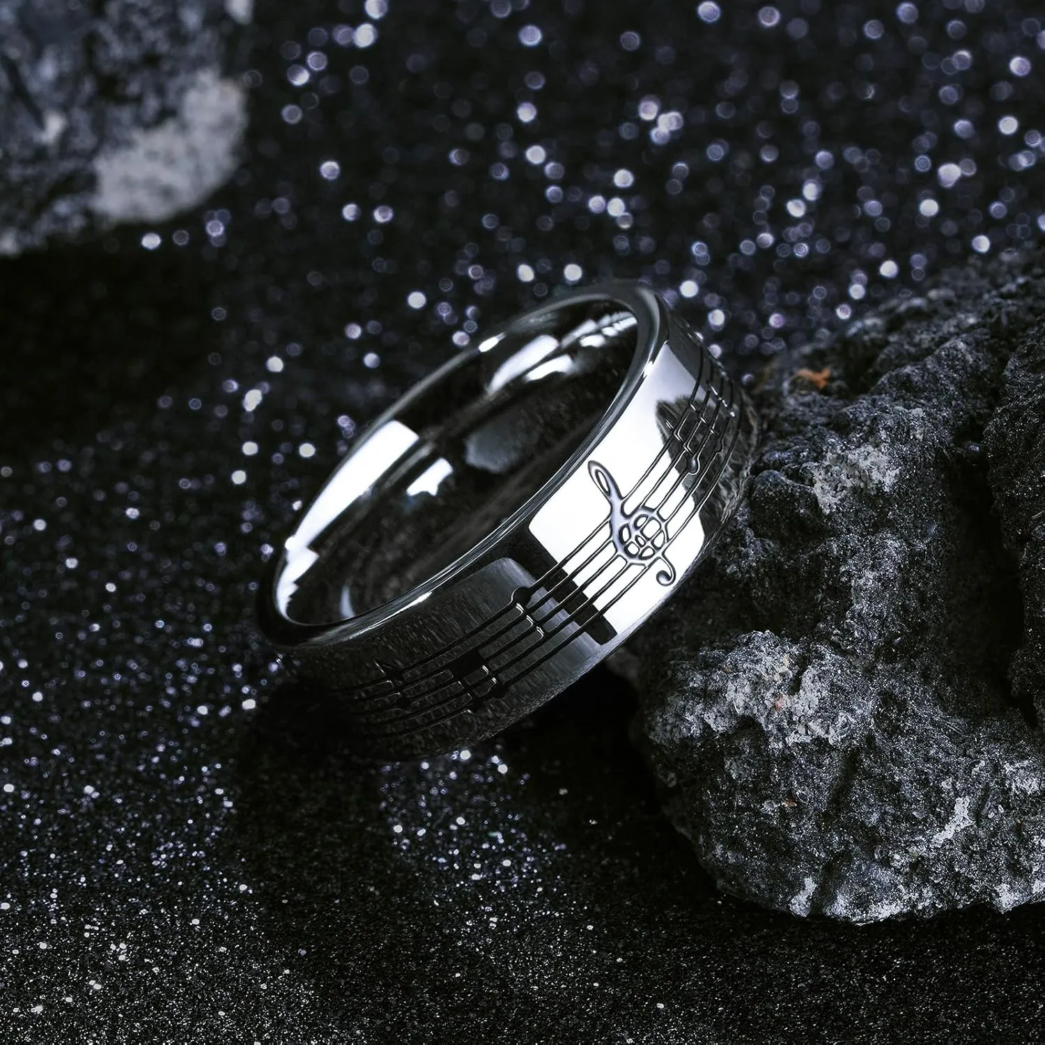 King Will Stainless Steel Wedding Band for Men, 8mm Men Wedding Ring Polished with Music Staff/Musical Note Design, Black and Steel Wedding Band Comfort Fit for Everyday Wear with Size 7-12