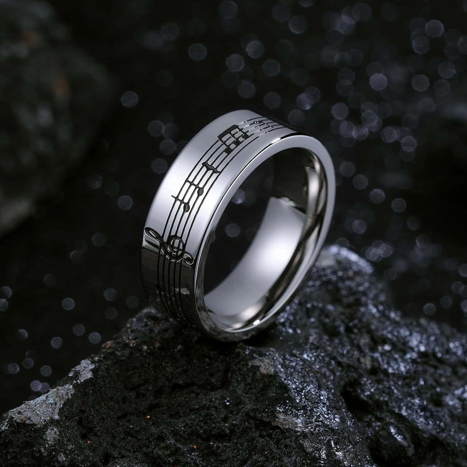 King Will Stainless Steel Wedding Band for Men, 8mm Men Wedding Ring Polished with Music Staff/Musical Note Design, Black and Steel Wedding Band Comfort Fit for Everyday Wear with Size 7-12