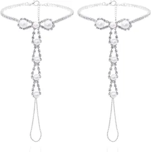 Kokoma Pearl Barefoot Sandals Anklet with Toe Ring Rhinestone CZ Summer Foot Chain Ankle Bracelet Ankle Chain Foot Jewelry Dainty Party Accessories
