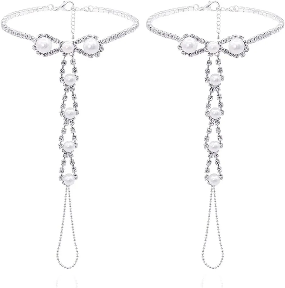 Kokoma Pearl Barefoot Sandals Anklet with Toe Ring Rhinestone CZ Summer Foot Chain Ankle Bracelet Ankle Chain Foot Jewelry Dainty Party Accessories