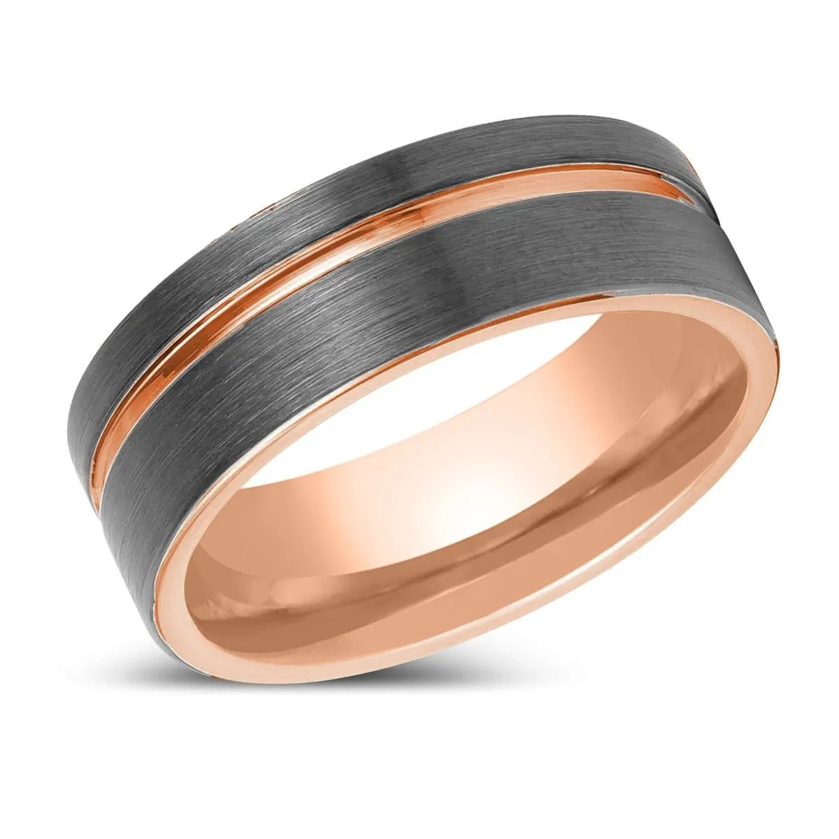 KORAI | Gun Metal Tungsten Ring, Rose Gold Inside, Offset Rose Groove, Flat