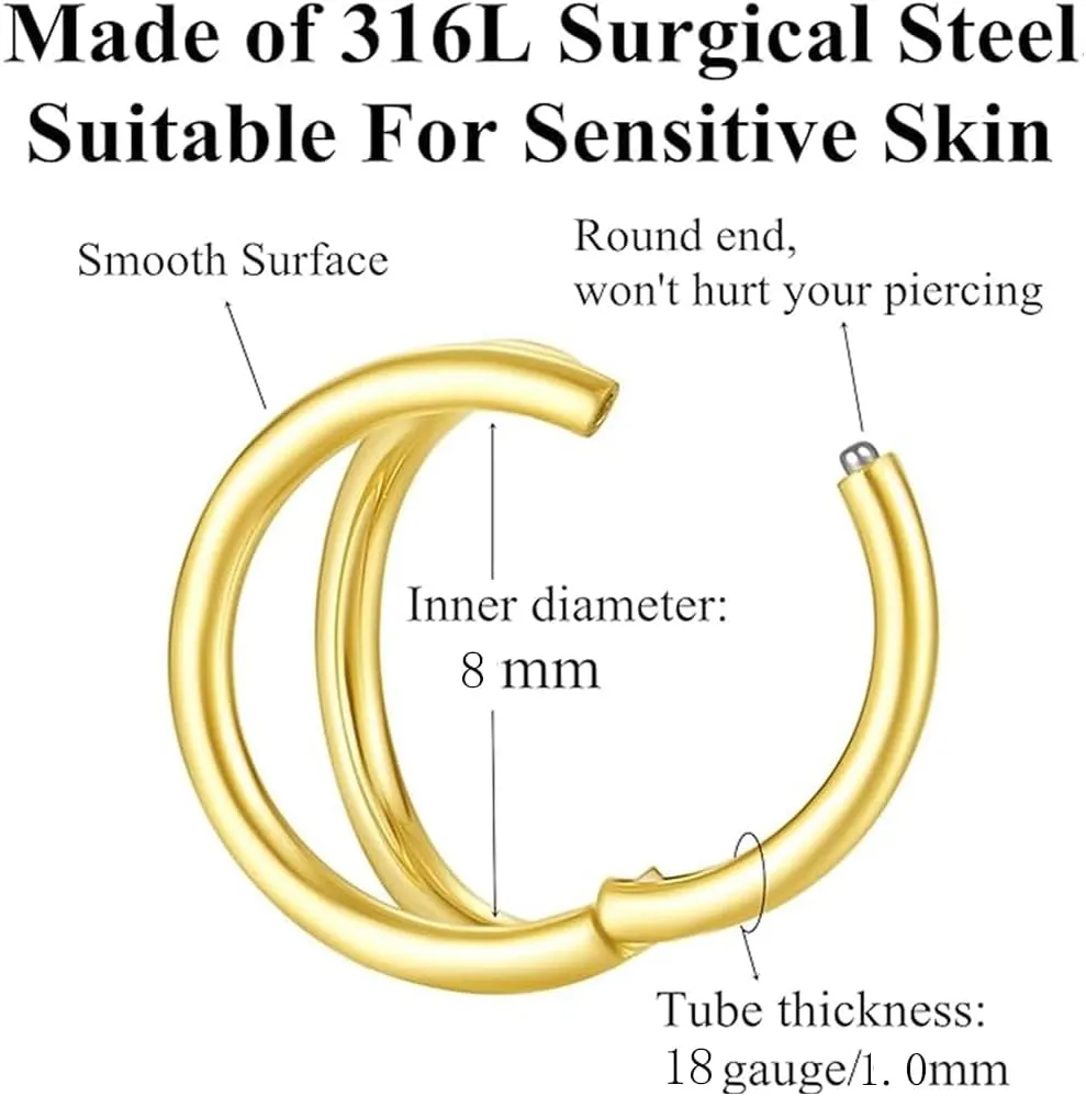 KREZIP 2 Pcs 316L Surgical Steel Nose Ring 18G 16G Double/Triple Ring Nose Ring Hinged Ring Septum Piercing Hoop Cartilage Earrings,Diameter 8mm/10mm Gold