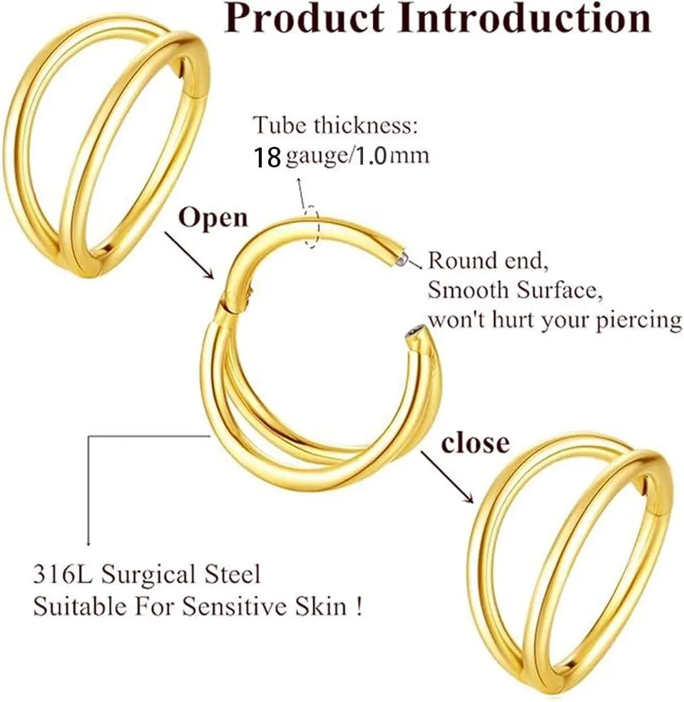 KREZIP 2 Pcs 316L Surgical Steel Nose Ring 18G 16G Double/Triple Ring Nose Ring Hinged Ring Septum Piercing Hoop Cartilage Earrings,Diameter 8mm/10mm Gold