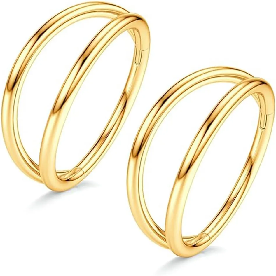 KREZIP 2 Pcs 316L Surgical Steel Nose Ring 18G 16G Double/Triple Ring Nose Ring Hinged Ring Septum Piercing Hoop Cartilage Earrings,Diameter 8mm/10mm Gold