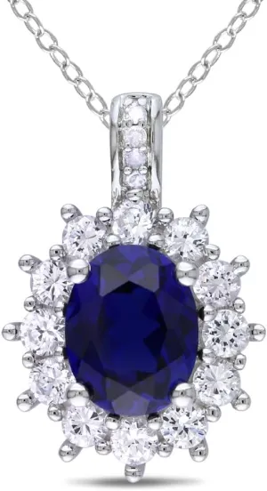Lab-Created Blue & White Sapphire Pendant Necklace with Accent Diamonds 4.0 Carat (ctw) in Sterling Silver