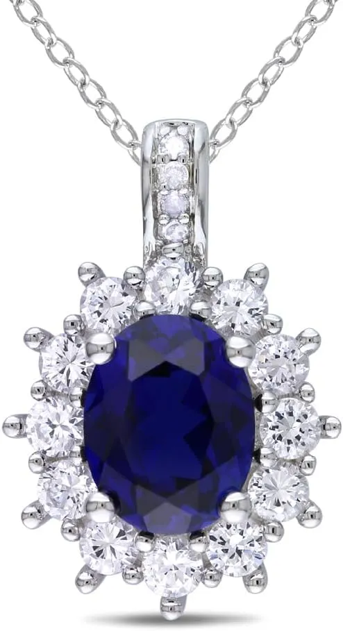 Lab-Created Blue & White Sapphire Pendant Necklace with Accent Diamonds 4.0 Carat (ctw) in Sterling Silver