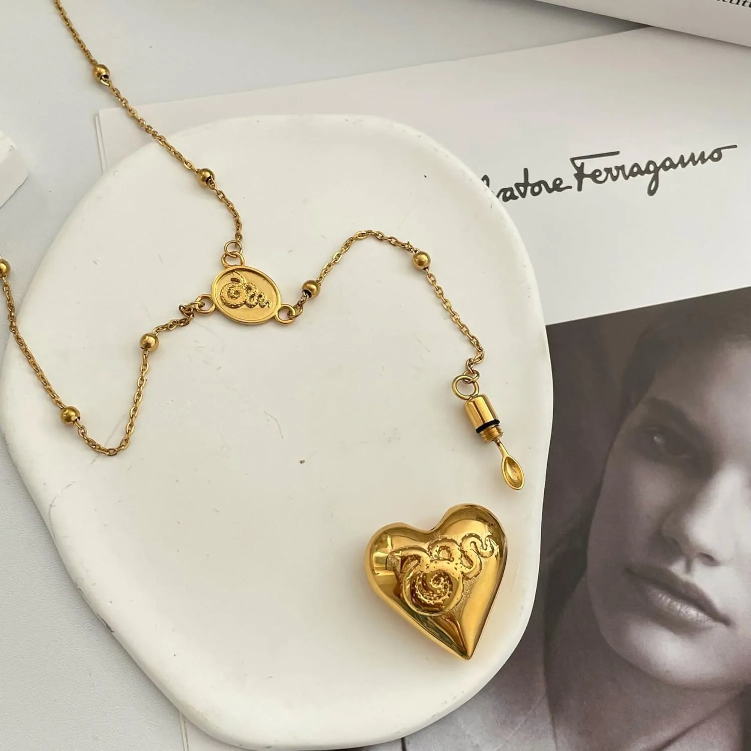 Lana Aesthetic Heart Snake Necklace with Spoon Pendant - Rosary Style in Gold