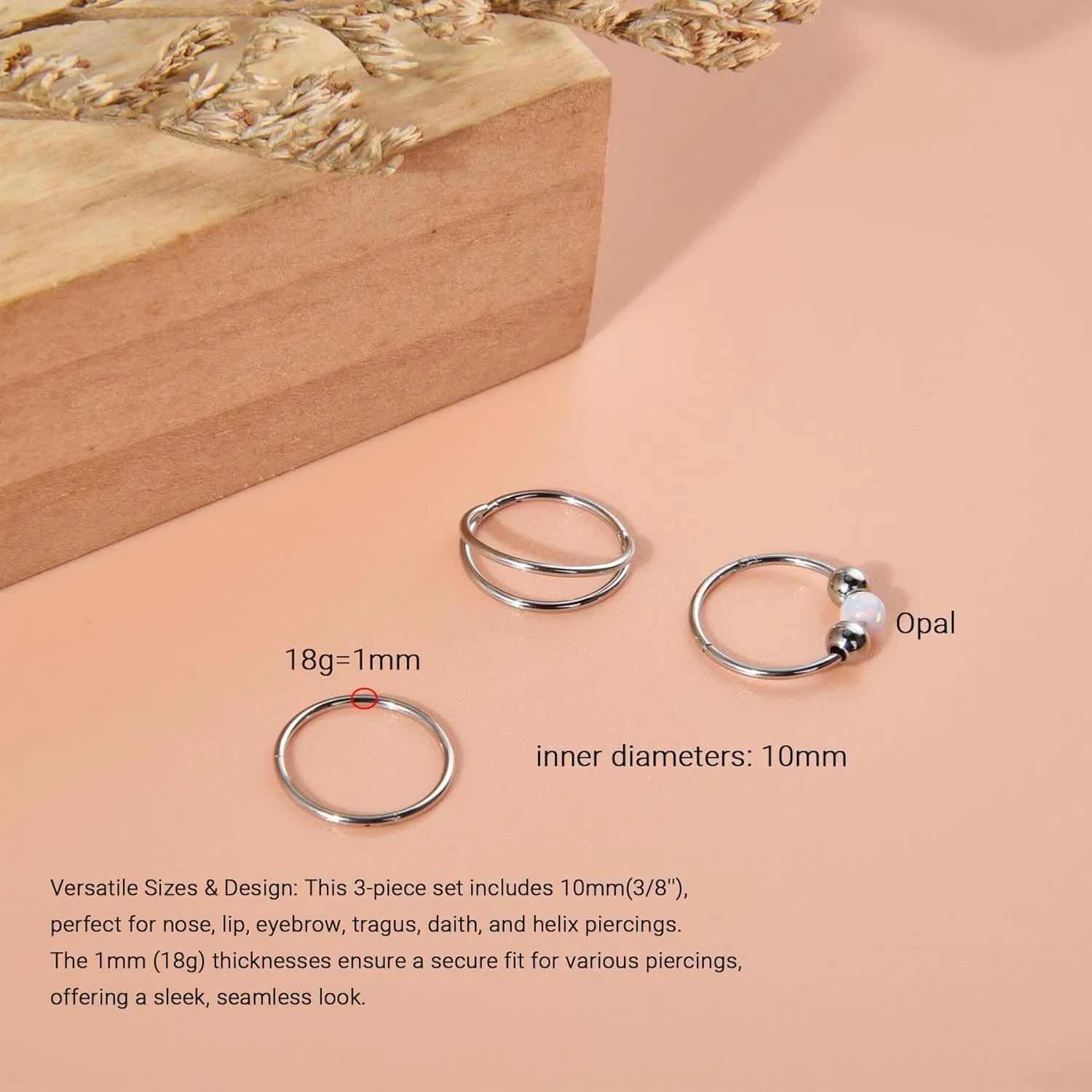 Lantine Double Hoop Nose Ring for Single Piercing Set Surgical Stainless Steel Septum Ring Cz Opal Hinged Clicker Daith Tragus Conch Piercing Jewelry Cute Cartilage Hoop Earrings 18g 20g
