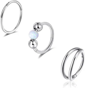 Lantine Double Hoop Nose Ring for Single Piercing Set Surgical Stainless Steel Septum Ring Cz Opal Hinged Clicker Daith Tragus Conch Piercing Jewelry Cute Cartilage Hoop Earrings 18g 20g
