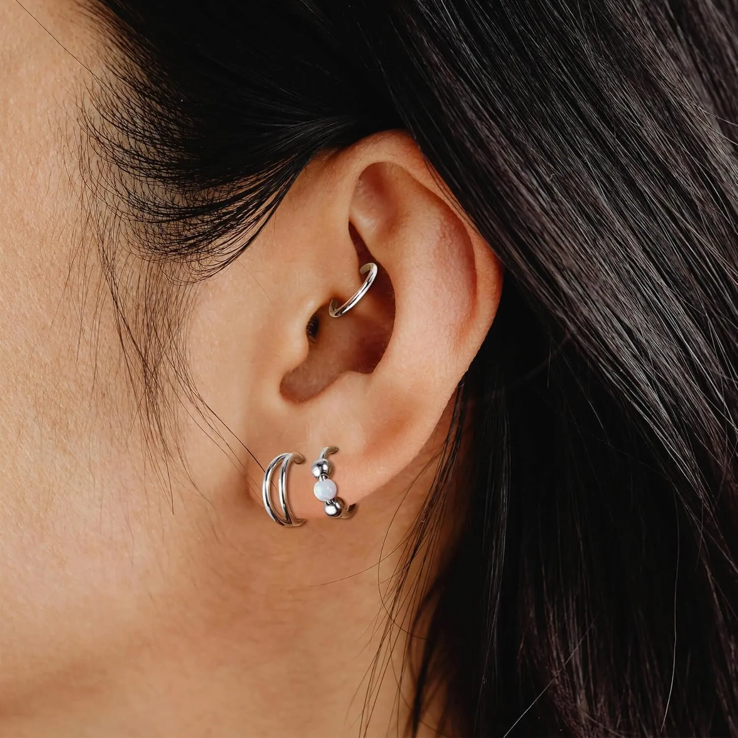 Lantine Double Hoop Nose Ring for Single Piercing Set Surgical Stainless Steel Septum Ring Cz Opal Hinged Clicker Daith Tragus Conch Piercing Jewelry Cute Cartilage Hoop Earrings 18g 20g