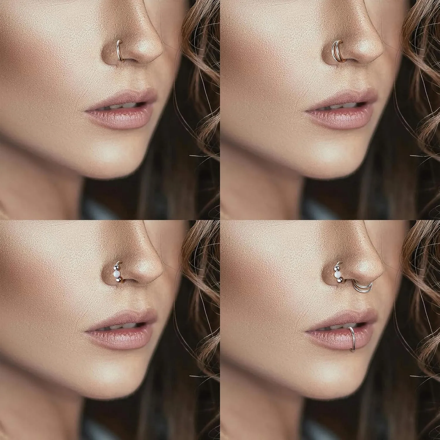 Lantine Double Hoop Nose Ring for Single Piercing Set Surgical Stainless Steel Septum Ring Cz Opal Hinged Clicker Daith Tragus Conch Piercing Jewelry Cute Cartilage Hoop Earrings 18g 20g