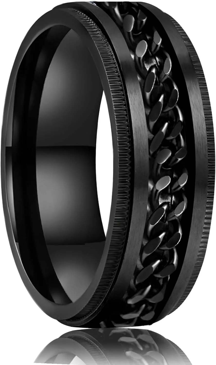 LAOYOU Anxiety Relief Mens Spinner Ring | 8mm Stainless Steel Black Fidget Anxiety Ring Inlay Curb Chain Jewelry Gift Size 6-14