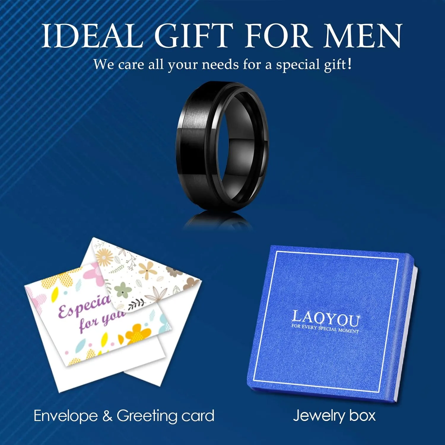 LAOYOU Anxiety Relief Mens Spinner Ring | 8mm Stainless Steel Black Fidget Anxiety Ring Inlay Curb Chain Jewelry Gift Size 6-14