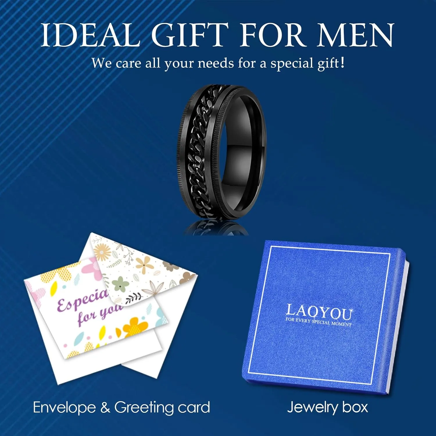 LAOYOU Anxiety Relief Mens Spinner Ring | 8mm Stainless Steel Black Fidget Anxiety Ring Inlay Curb Chain Jewelry Gift Size 6-14