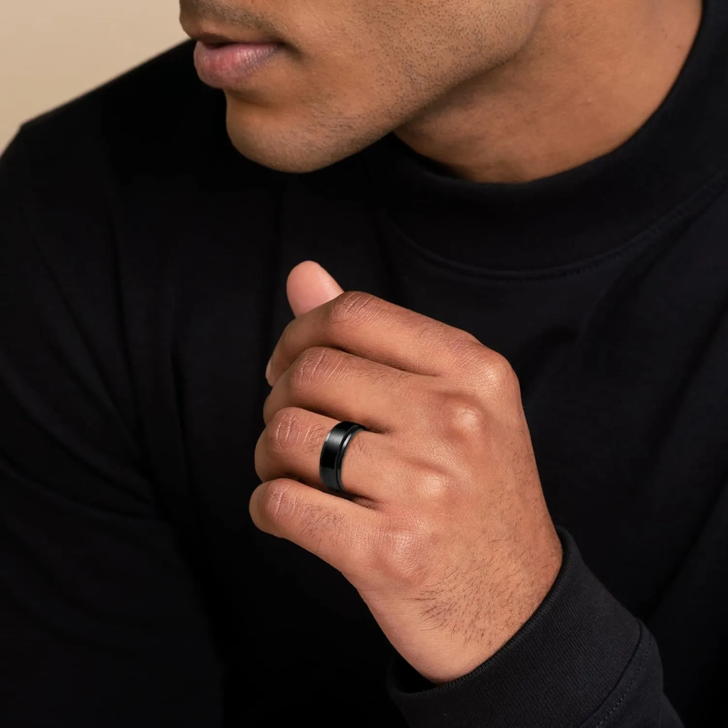 LAOYOU Anxiety Relief Mens Spinner Ring | 8mm Stainless Steel Black Fidget Anxiety Ring Inlay Curb Chain Jewelry Gift Size 6-14