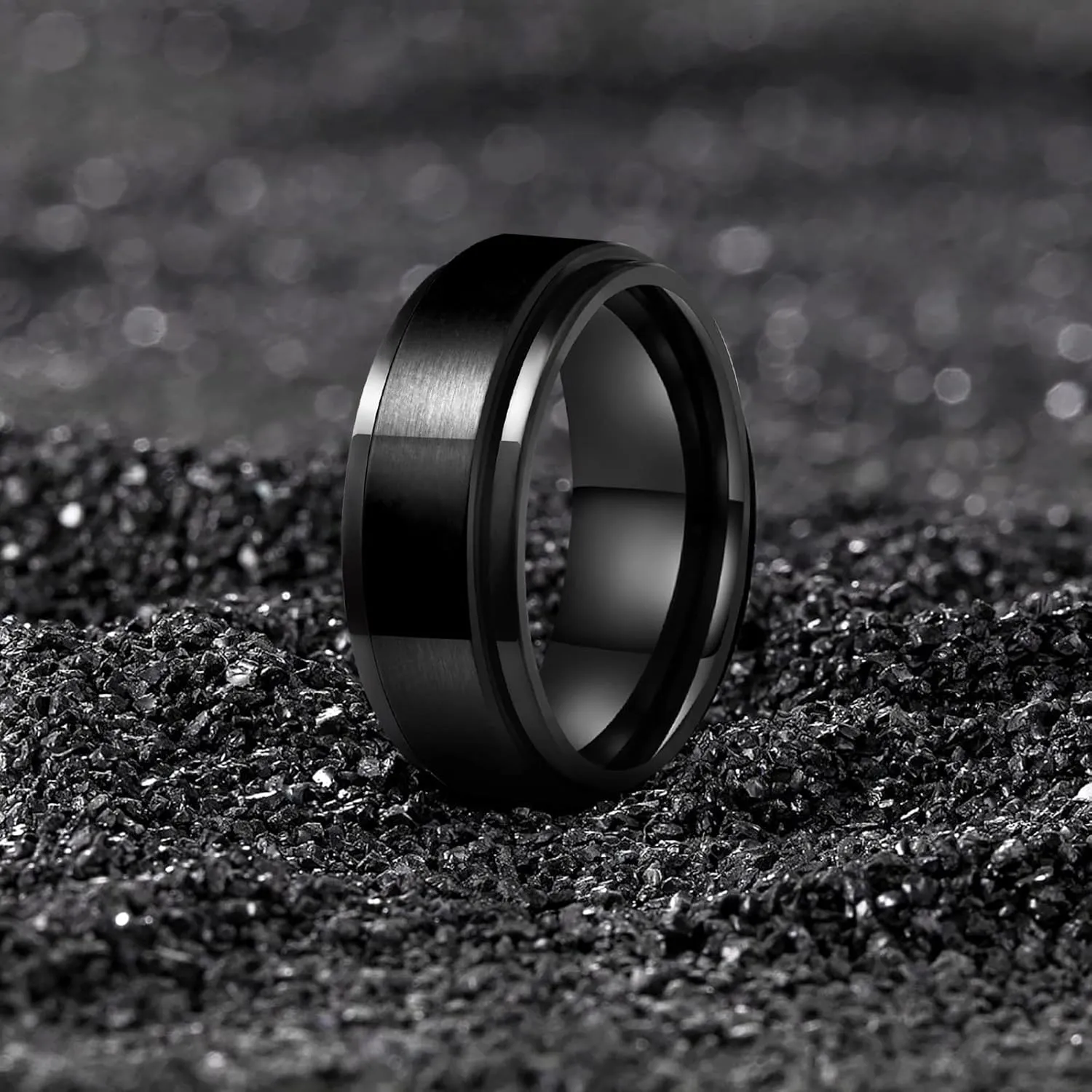 LAOYOU Anxiety Relief Mens Spinner Ring | 8mm Stainless Steel Black Fidget Anxiety Ring Inlay Curb Chain Jewelry Gift Size 6-14