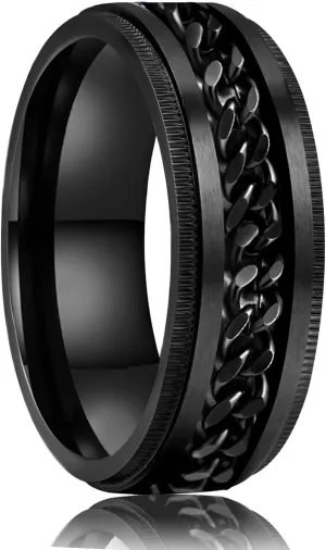 LAOYOU Anxiety Relief Mens Spinner Ring | 8mm Stainless Steel Black Fidget Anxiety Ring Inlay Curb Chain Jewelry Gift Size 6-14