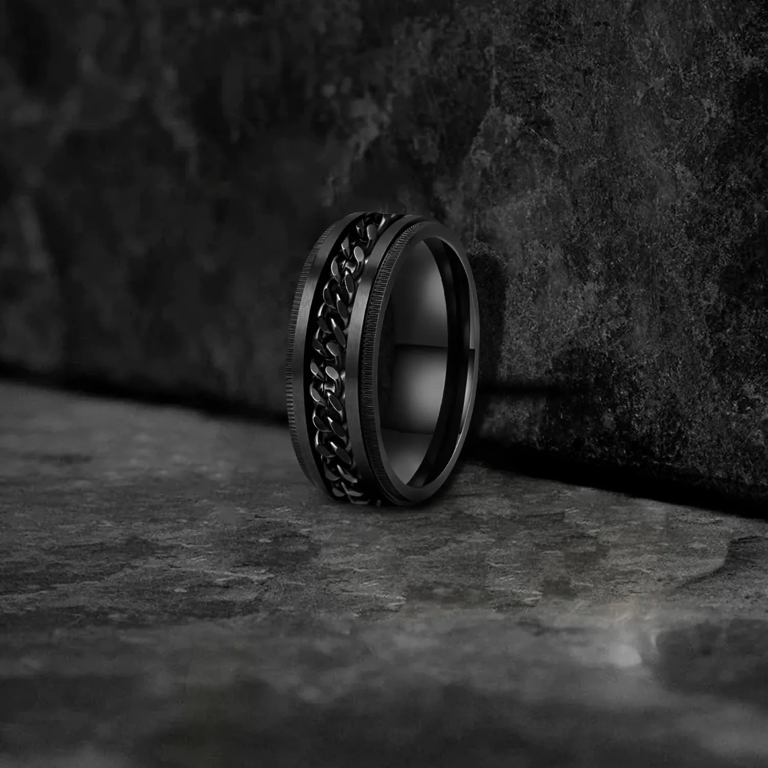 LAOYOU Anxiety Relief Mens Spinner Ring | 8mm Stainless Steel Black Fidget Anxiety Ring Inlay Curb Chain Jewelry Gift Size 6-14