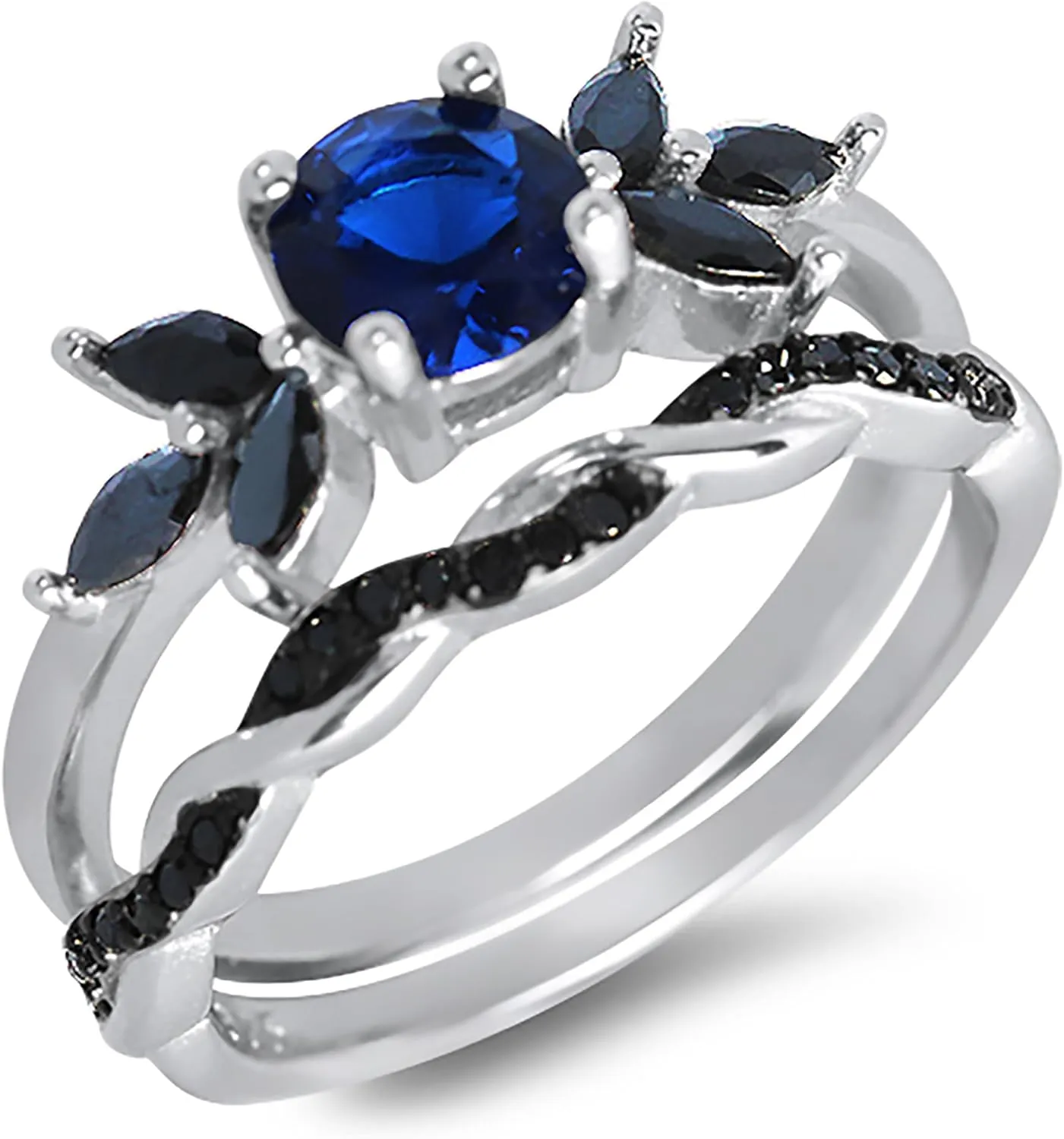 LaRaso & Co His and Hers Wedding Set 3 PCS TRIO Matching Couples Rings Silver Black Titanium Hers 5 His 10