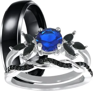 LaRaso & Co His and Hers Wedding Set 3 PCS TRIO Matching Couples Rings Silver Black Titanium Hers 5 His 10