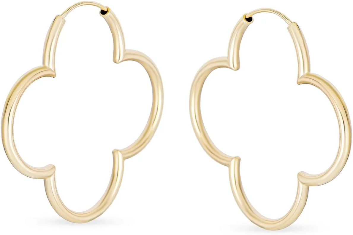 Large Simple Flower Shaped Thin Tube Endless Clover Hoop Earrings For Women Teen Rose 14K Gold Plated .925 Sterling Silver 1.5 Inch Diameter