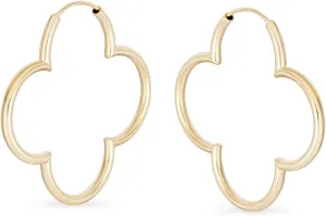 Large Simple Flower Shaped Thin Tube Endless Clover Hoop Earrings For Women Teen Rose 14K Gold Plated .925 Sterling Silver 1.5 Inch Diameter