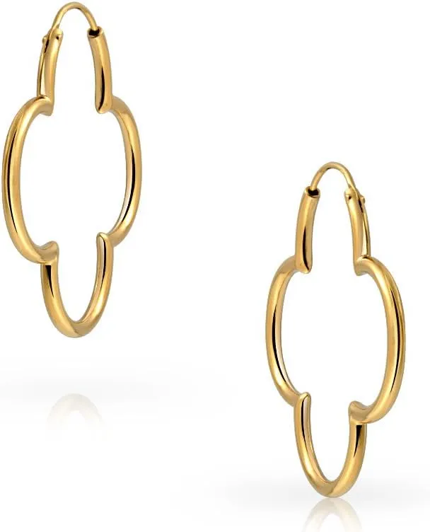 Large Simple Flower Shaped Thin Tube Endless Clover Hoop Earrings For Women Teen Rose 14K Gold Plated .925 Sterling Silver 1.5 Inch Diameter