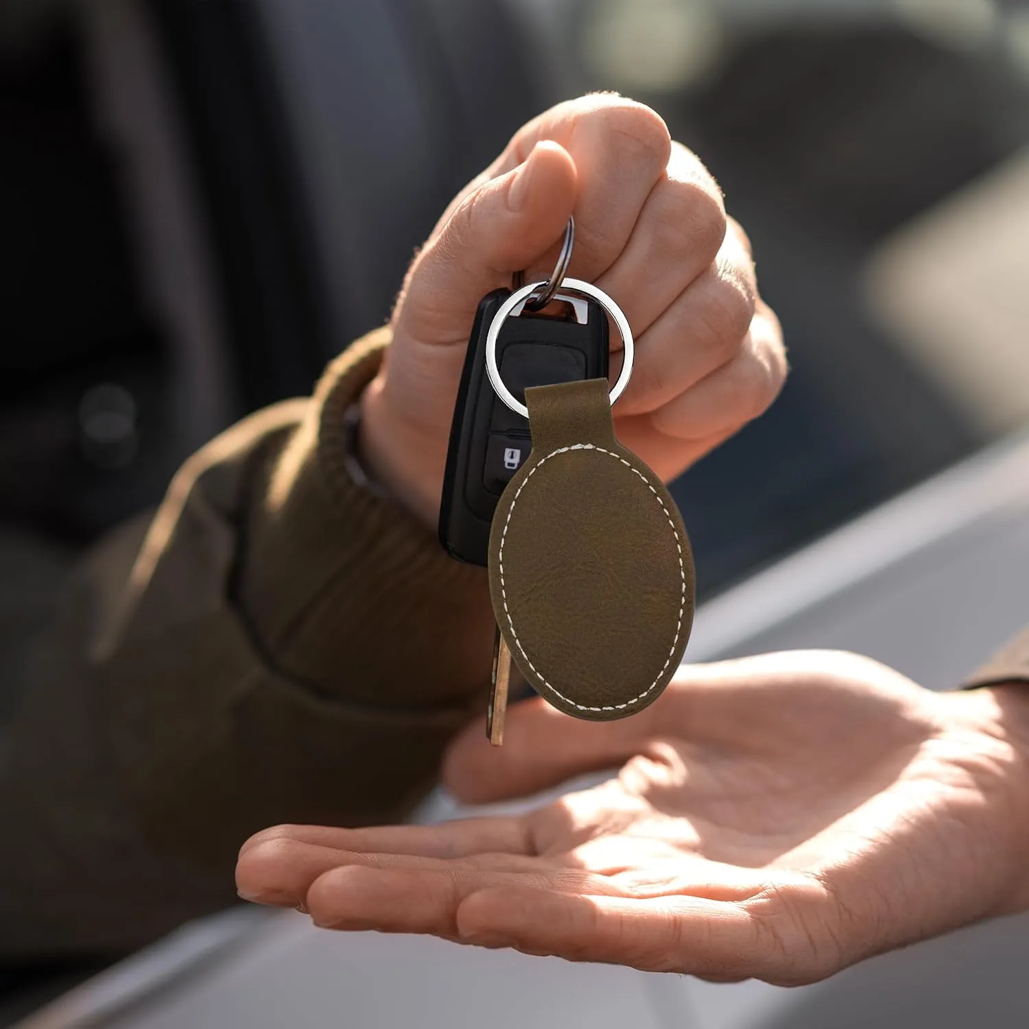 LaserGram Oval Keychain, Farm Tractor, Personalized Engraving Included