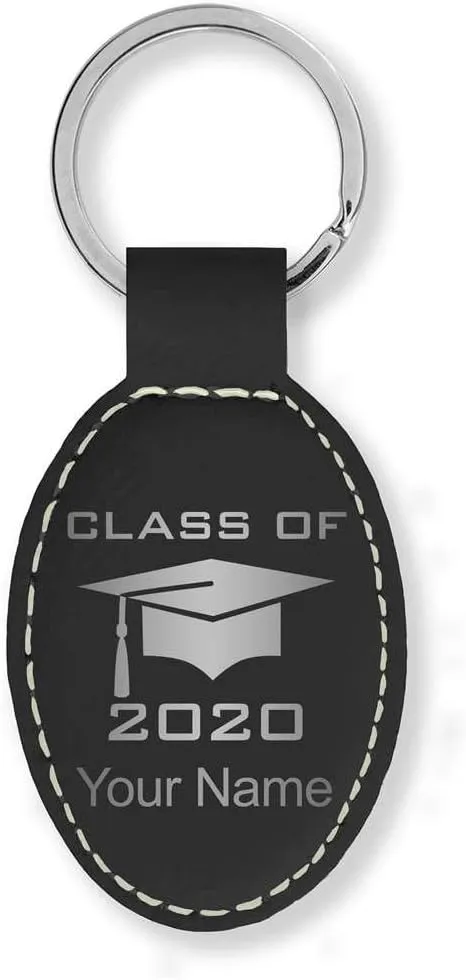 LaserGram Oval Keychain, Grad Cap Class of 2024, 2025, 2026, 2027, Personalized Engraving Included (Black with Silver)